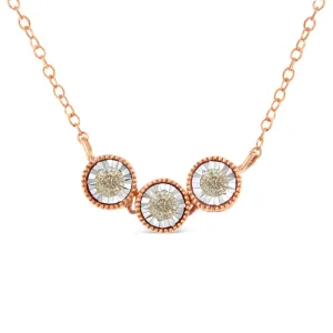 10K Rose and White Gold Plated .925 Sterling Silver 1/4 Cttw Miracle-Set Champagne Diamond Triple Circle 18" Necklace