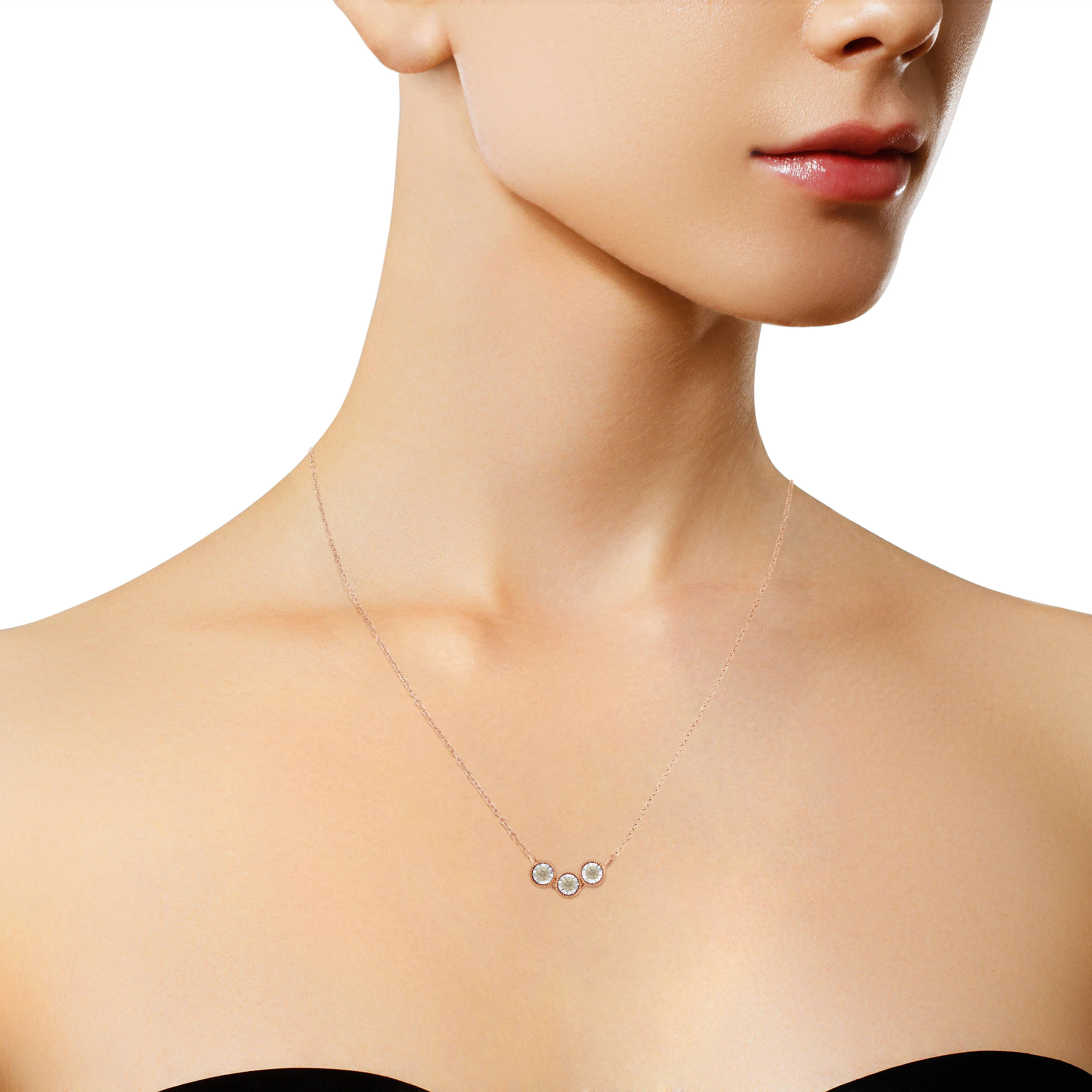 10K Rose and White Gold Plated .925 Sterling Silver 1/4 Cttw Miracle-Set Champagne Diamond Triple Circle 18" Necklace