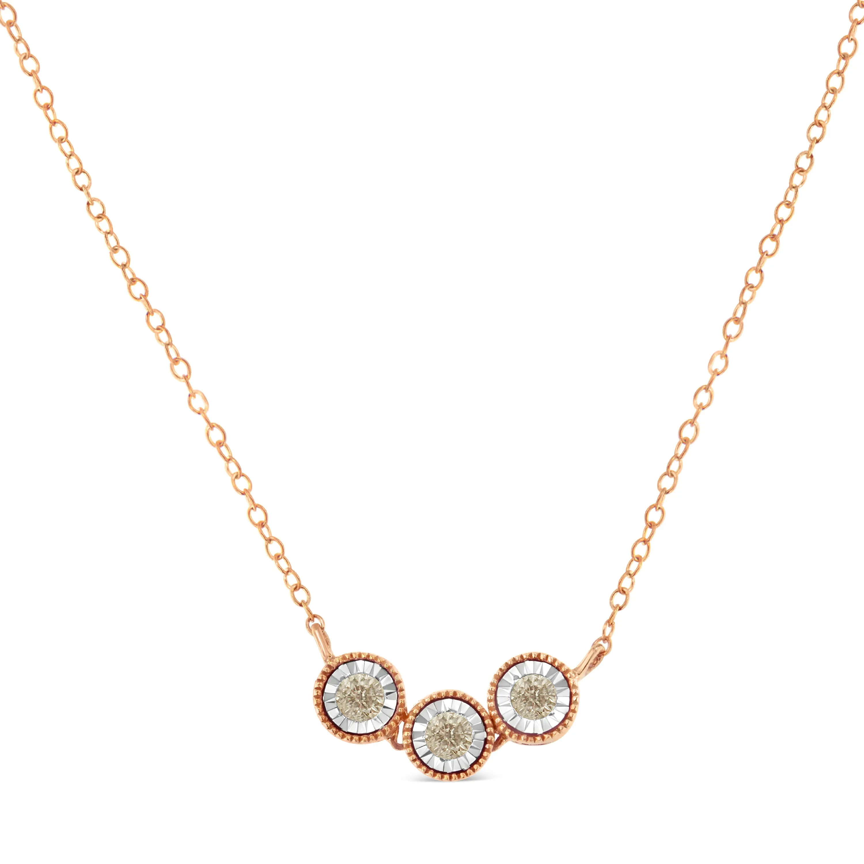 10K Rose and White Gold Plated .925 Sterling Silver 1/4 Cttw Miracle-Set Champagne Diamond Triple Circle 18" Necklace