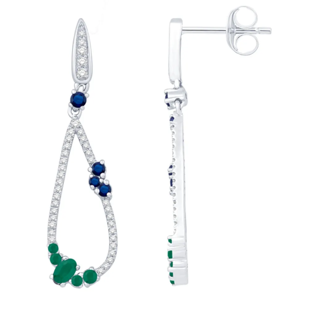 14k Diamond Drop Earrings with Sapphire and Emerald