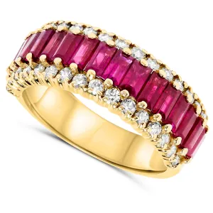 14k Yellow Gold Red Ruby Baguette and Diamond Cocktail Band Ring