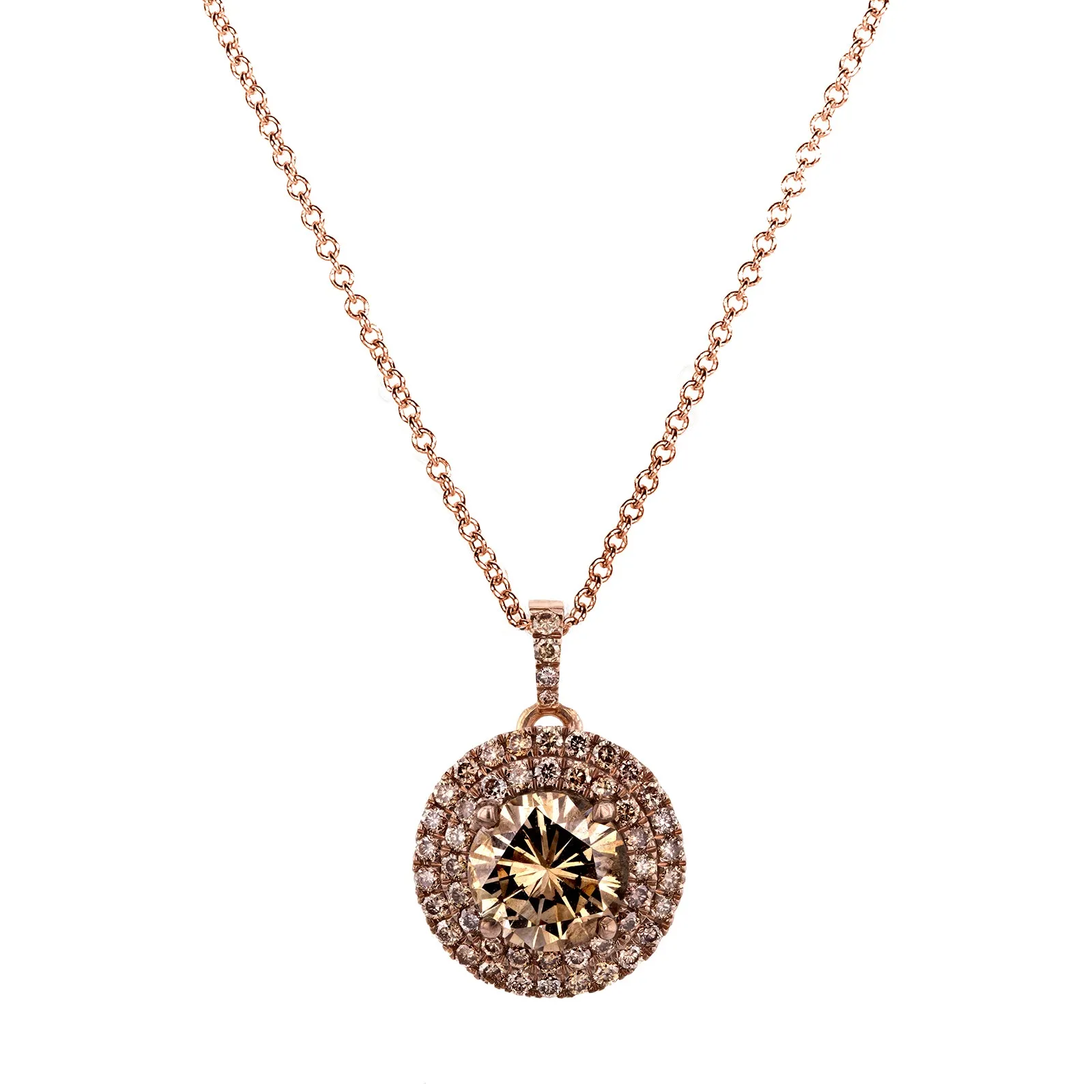 18k Rose Gold Champagne Double Halo Diamond Pendant 1 7/8 CTW with 14k Rose Gold Chain