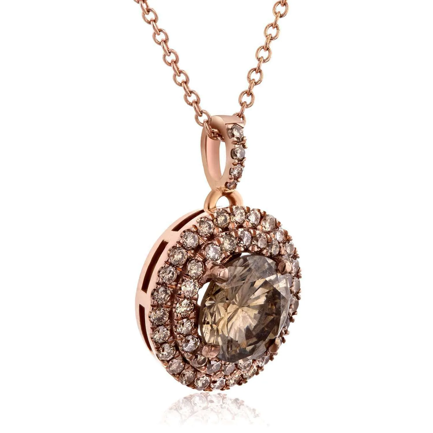 18k Rose Gold Champagne Double Halo Diamond Pendant 1 7/8 CTW with 14k Rose Gold Chain