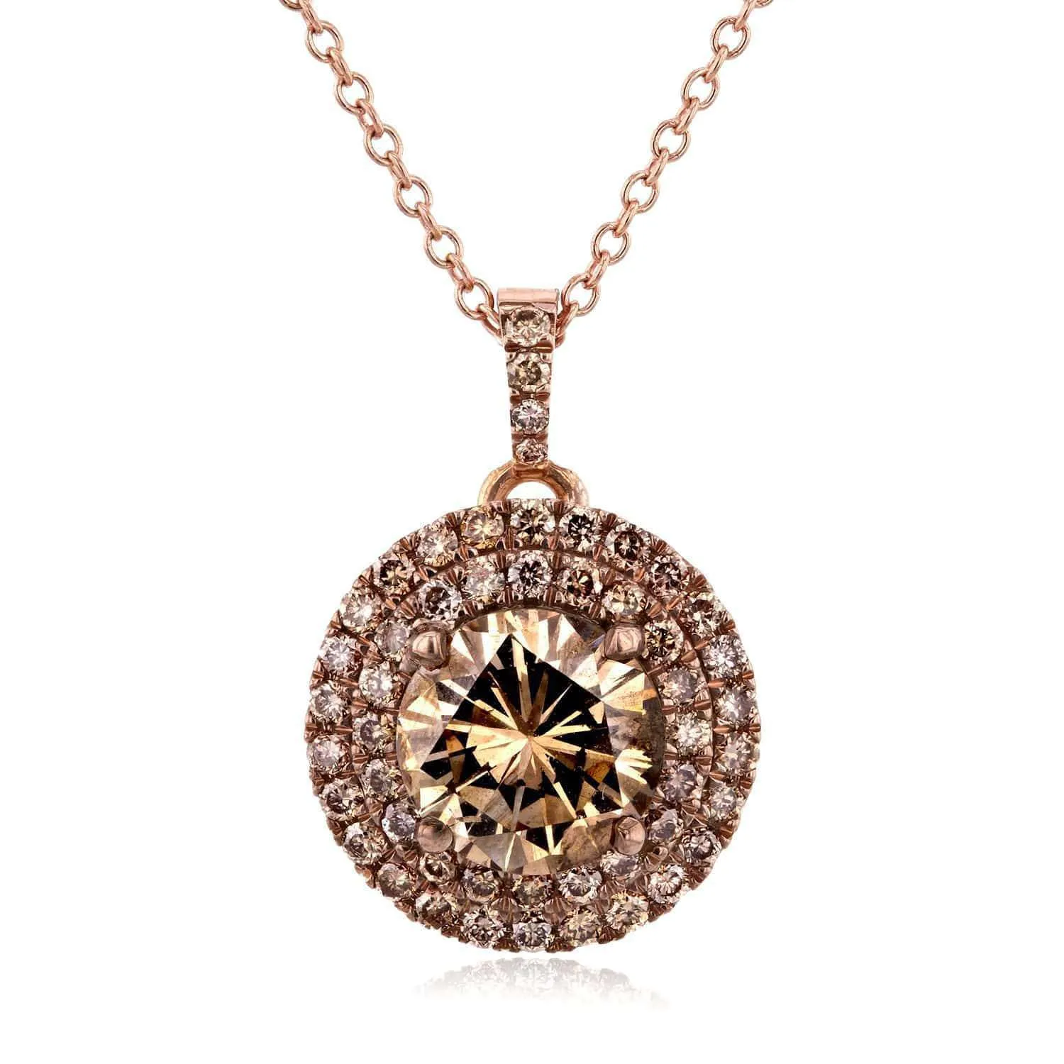 18k Rose Gold Champagne Double Halo Diamond Pendant 1 7/8 CTW with 14k Rose Gold Chain