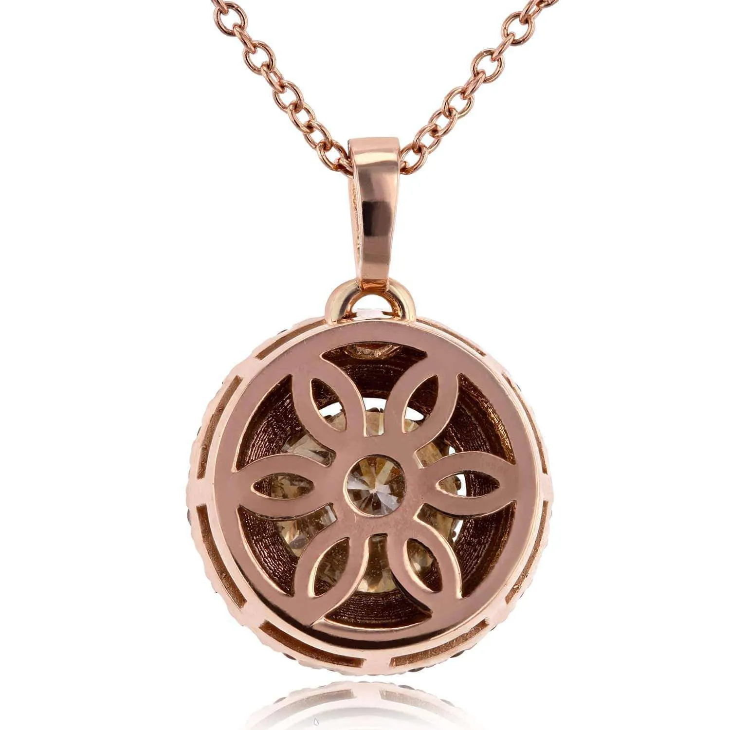 18k Rose Gold Champagne Double Halo Diamond Pendant 1 7/8 CTW with 14k Rose Gold Chain