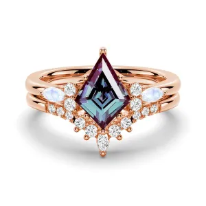 2 CT. Art Deco Kite Cut Alexandrite Engagement Ring Set With Moonstone Accents