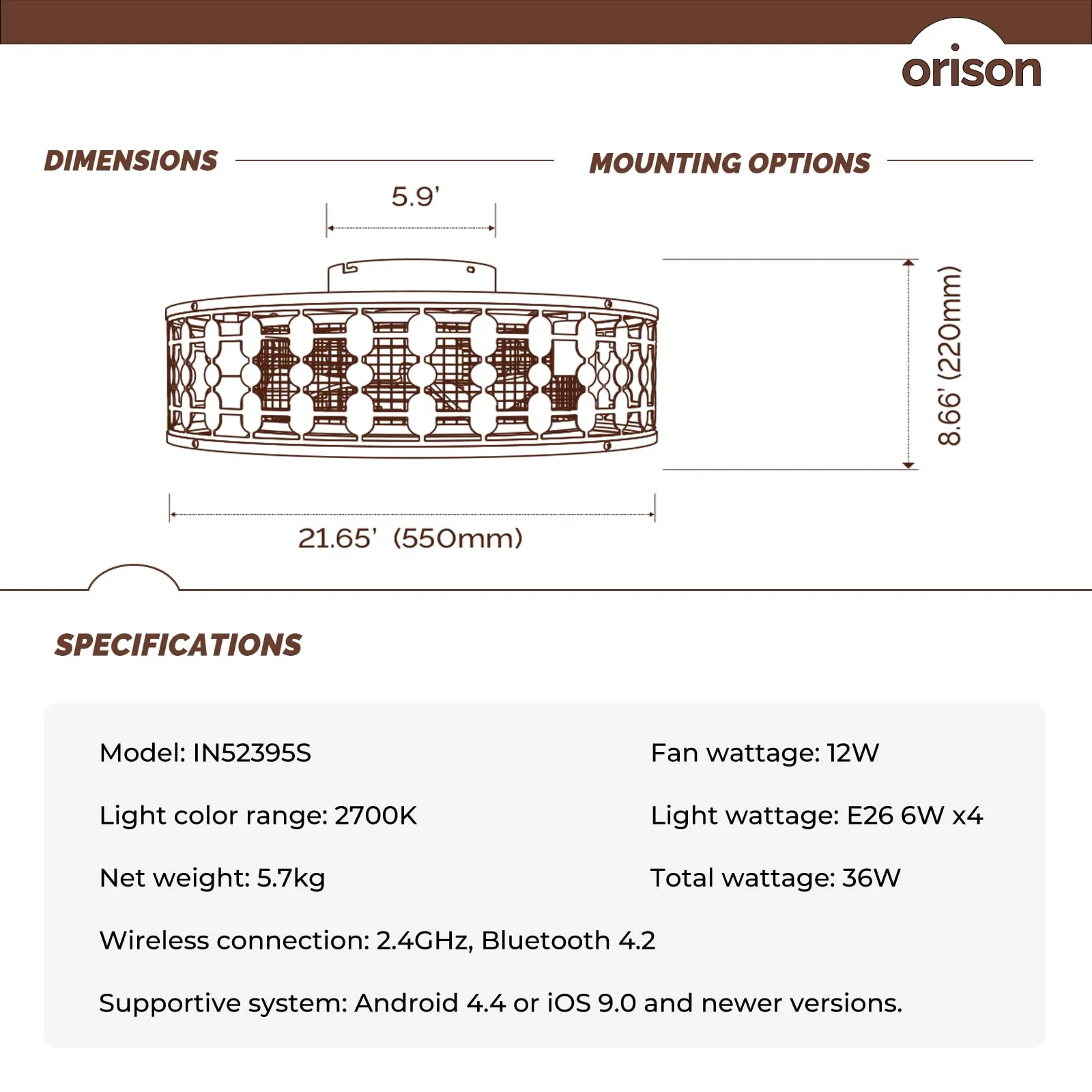 21.5" Orison Caged Ceiling Fan with Light, 2 Ways Control (App&Remote Control)