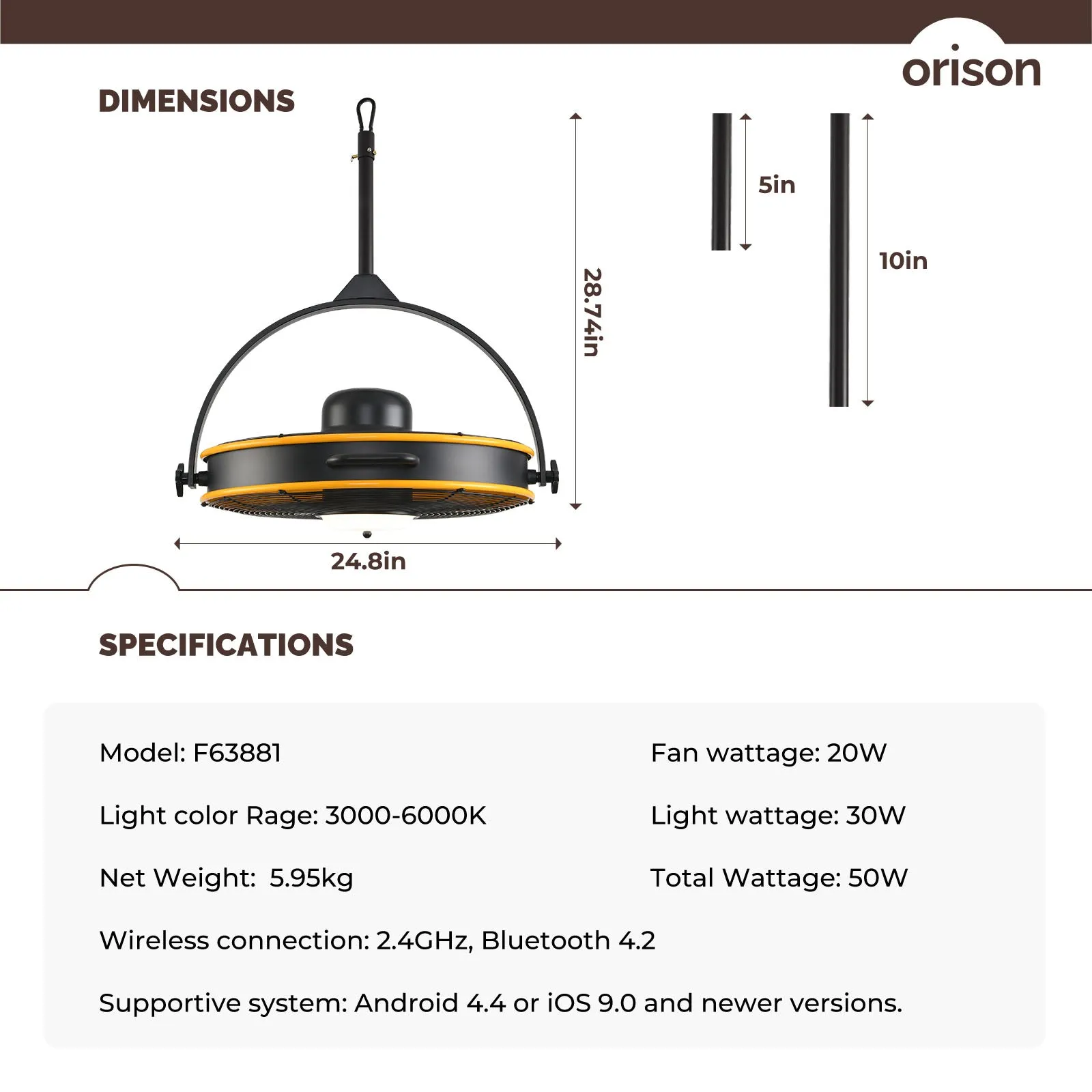 24.8" Orison Outdoor Ceiling Fan with Light 360-degree Manual Vertical Rotation - Waterproof(Yellow)