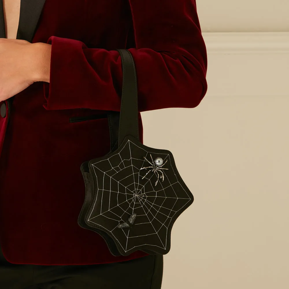 BLACK SATIN SPIDERS WEB COLLECTIBLE CLUTCH BAG