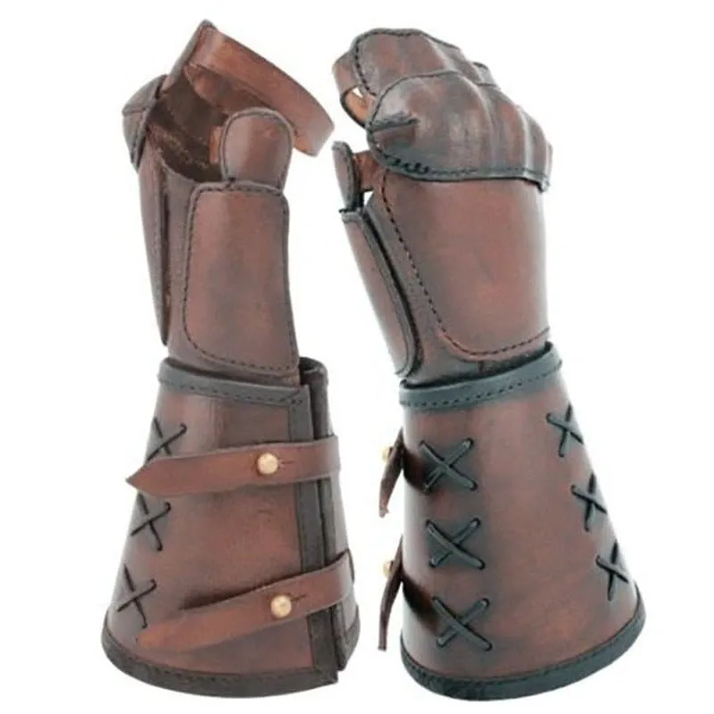 Brown Leather Medieval Steampunk Arm Guard Retro Gauntlets