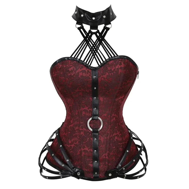 Burgundy Gothic Corset with Leather Straps for Steampunk Style