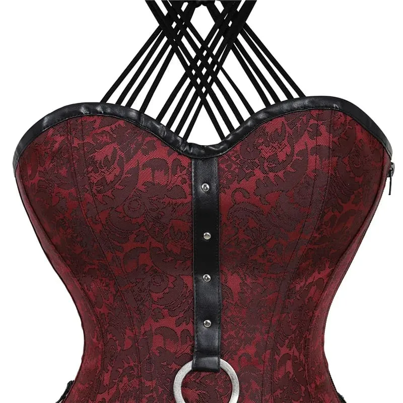 Burgundy Gothic Corset with Leather Straps for Steampunk Style