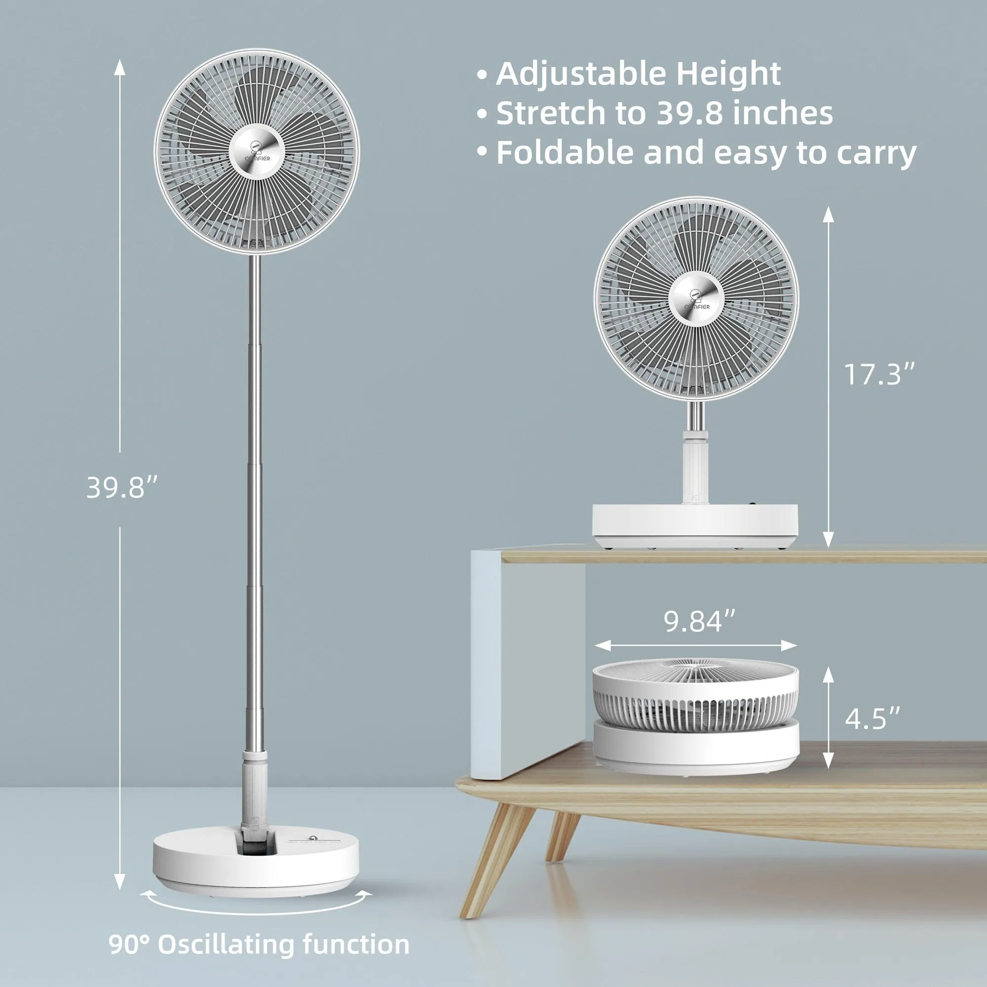 Comfier Foldable Fan, Rechargeable fan, 7200mAh Stand fan with 4 Speed Modes- P21W