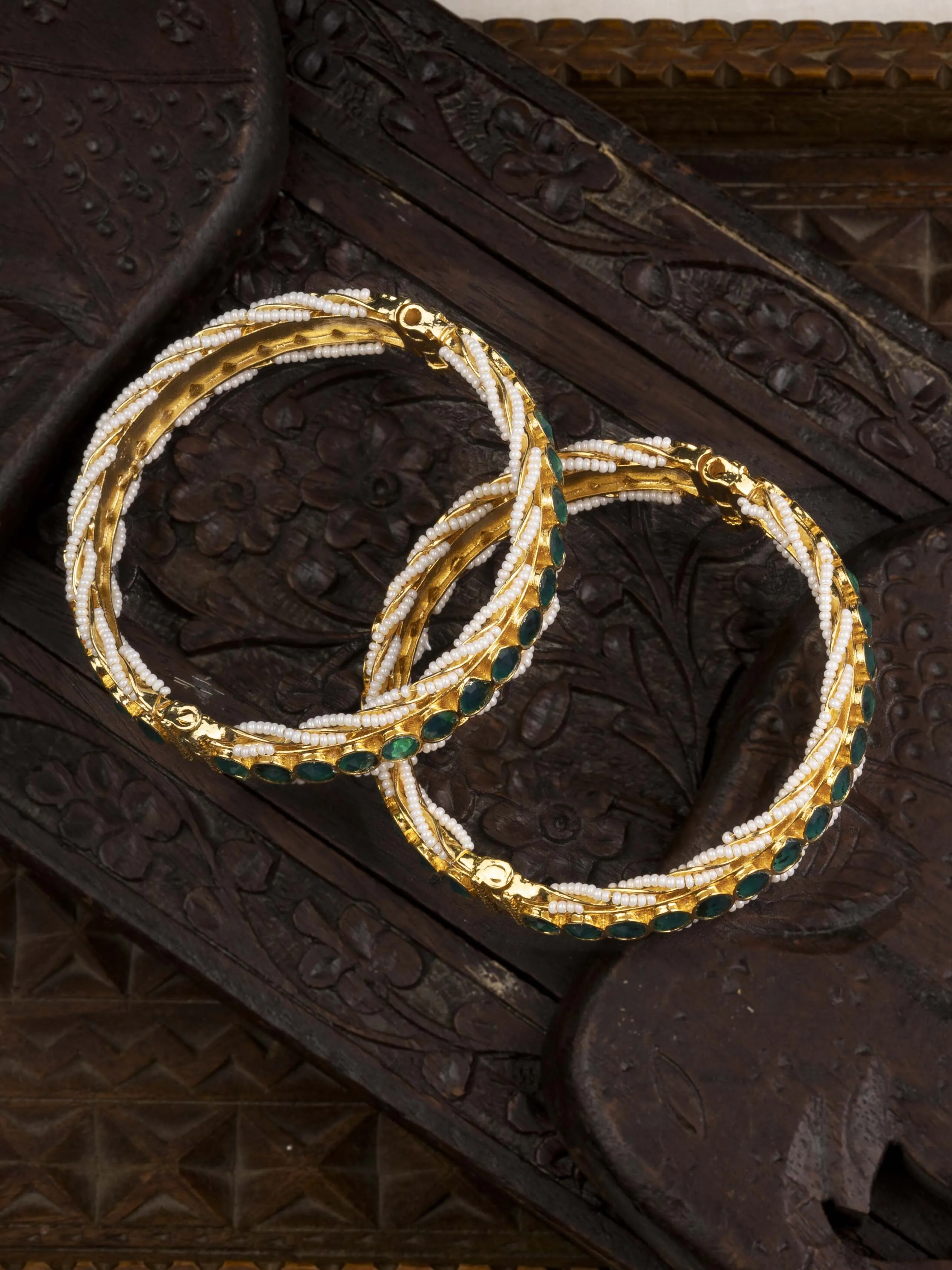 Green Color Gold Plated Jadau Kundan Bangles - MB181GR