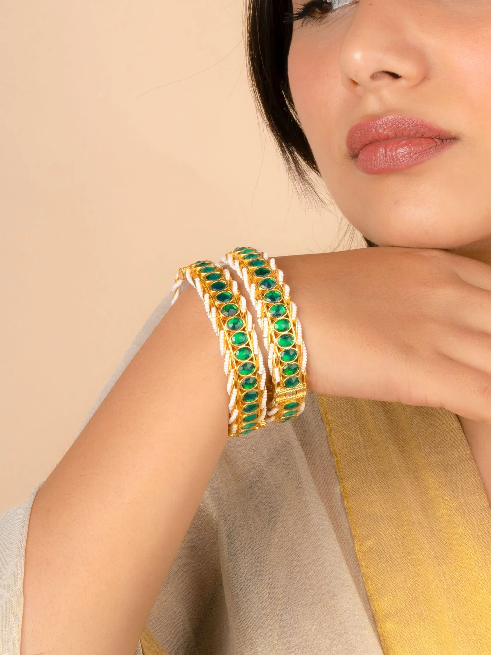 Green Color Gold Plated Jadau Kundan Bangles - MB181GR