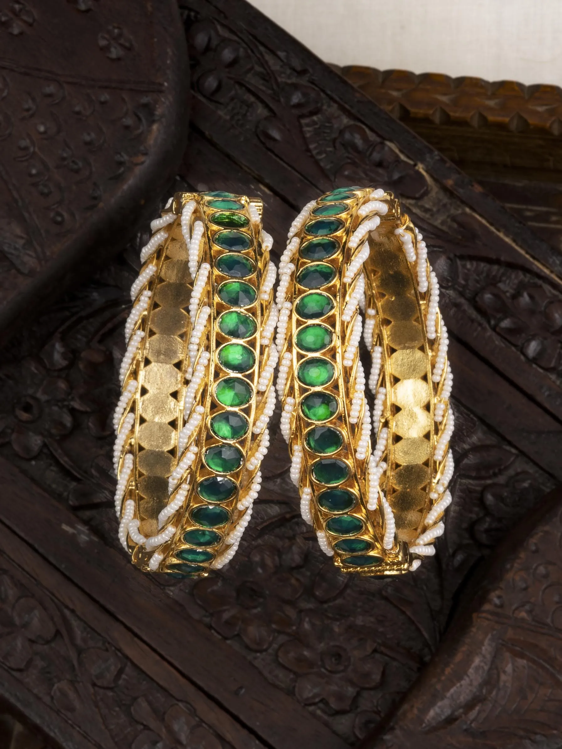 Green Color Gold Plated Jadau Kundan Bangles - MB181GR