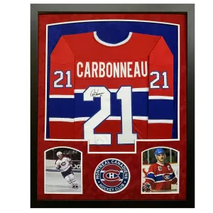 Guy Carbonneau Signed Red Custom Suede Matte Framed Hockey Jersey (JSA)