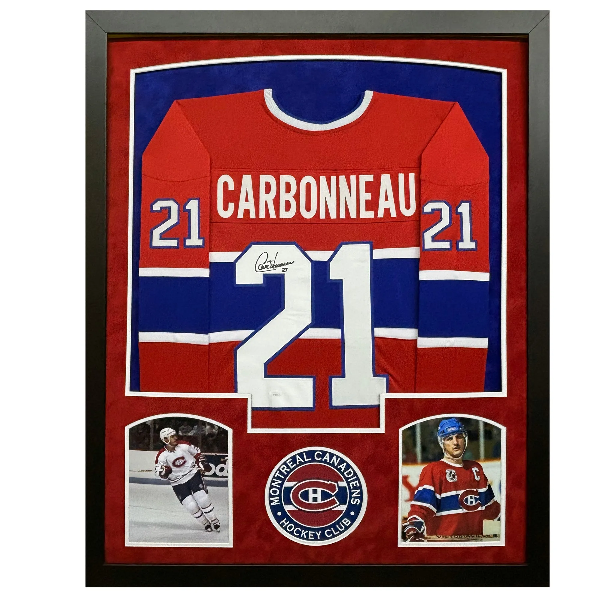 Guy Carbonneau Signed Red Custom Suede Matte Framed Hockey Jersey (JSA)