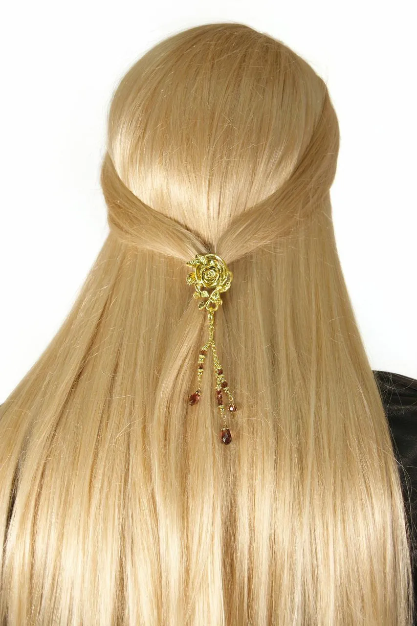 Hair Hook Gold Rose with Bead Charm Ponytail Holder