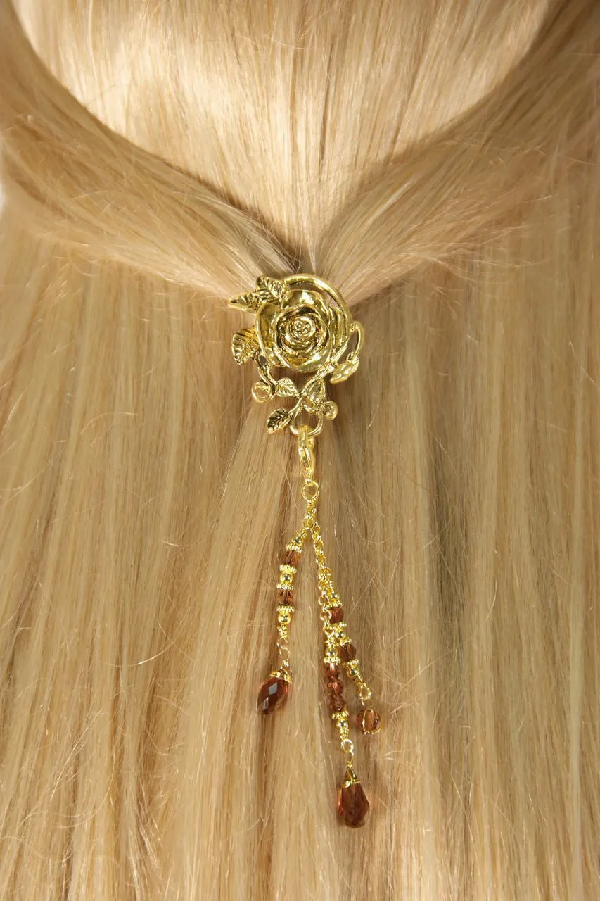 Hair Hook Gold Rose with Bead Charm Ponytail Holder