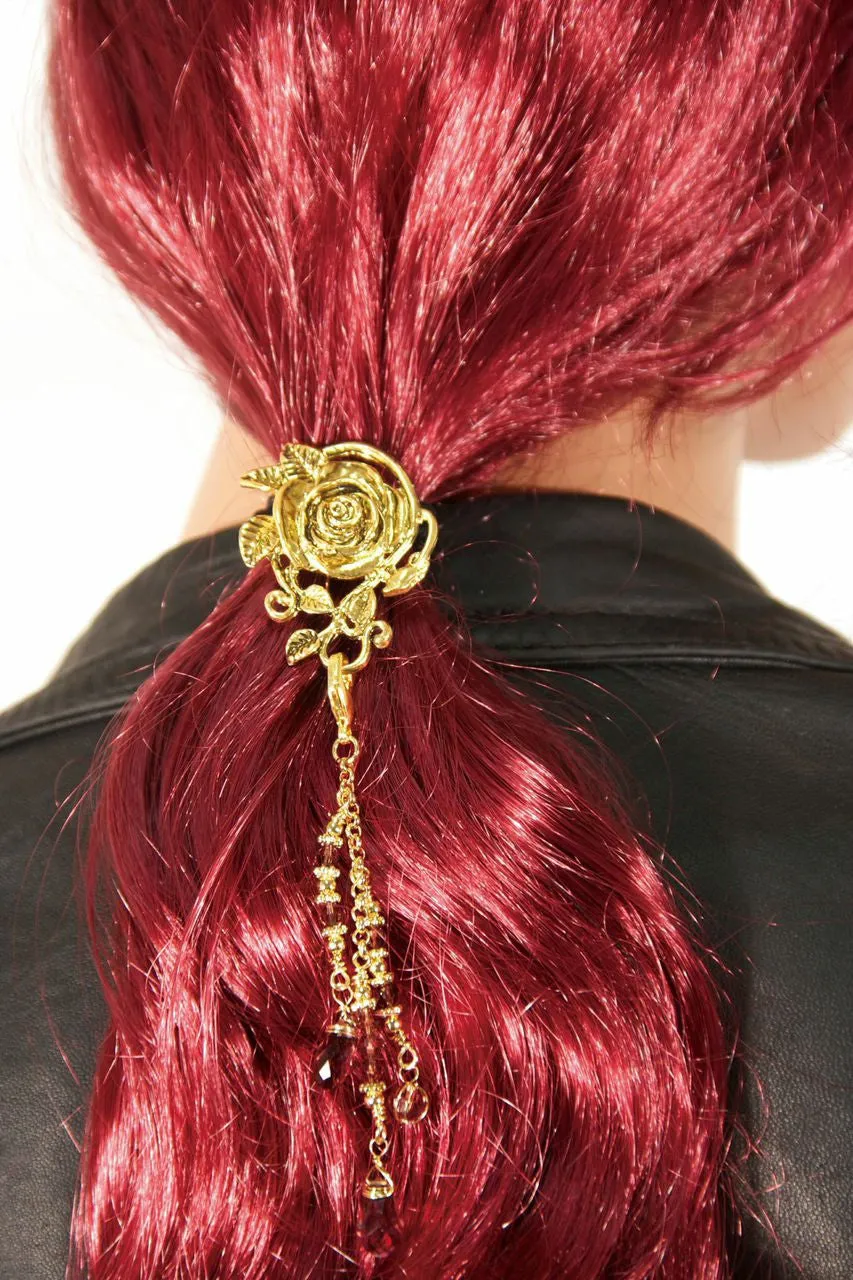 Hair Hook Gold Rose with Bead Charm Ponytail Holder