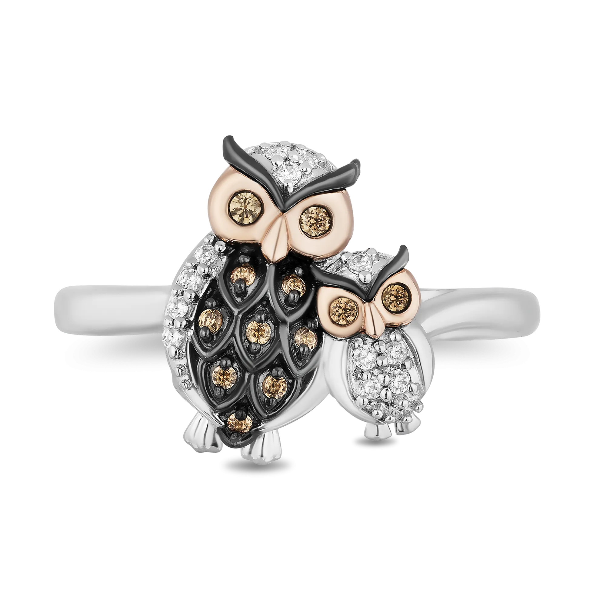 Hallmark Fine Jewelry Mother Owl & Baby Owlet Ring in Sterling Silver & 14K Rose Gold with Champagne & White Diamonds