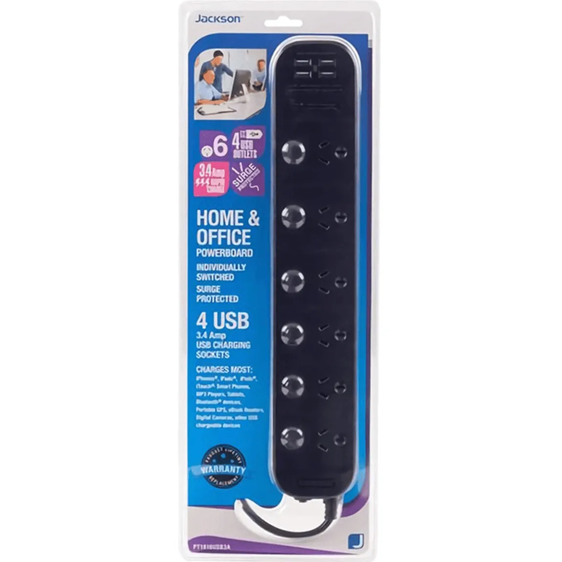 Jackson Surge Protected 6 Outlet 4 USB Power Board Individual Switch Black