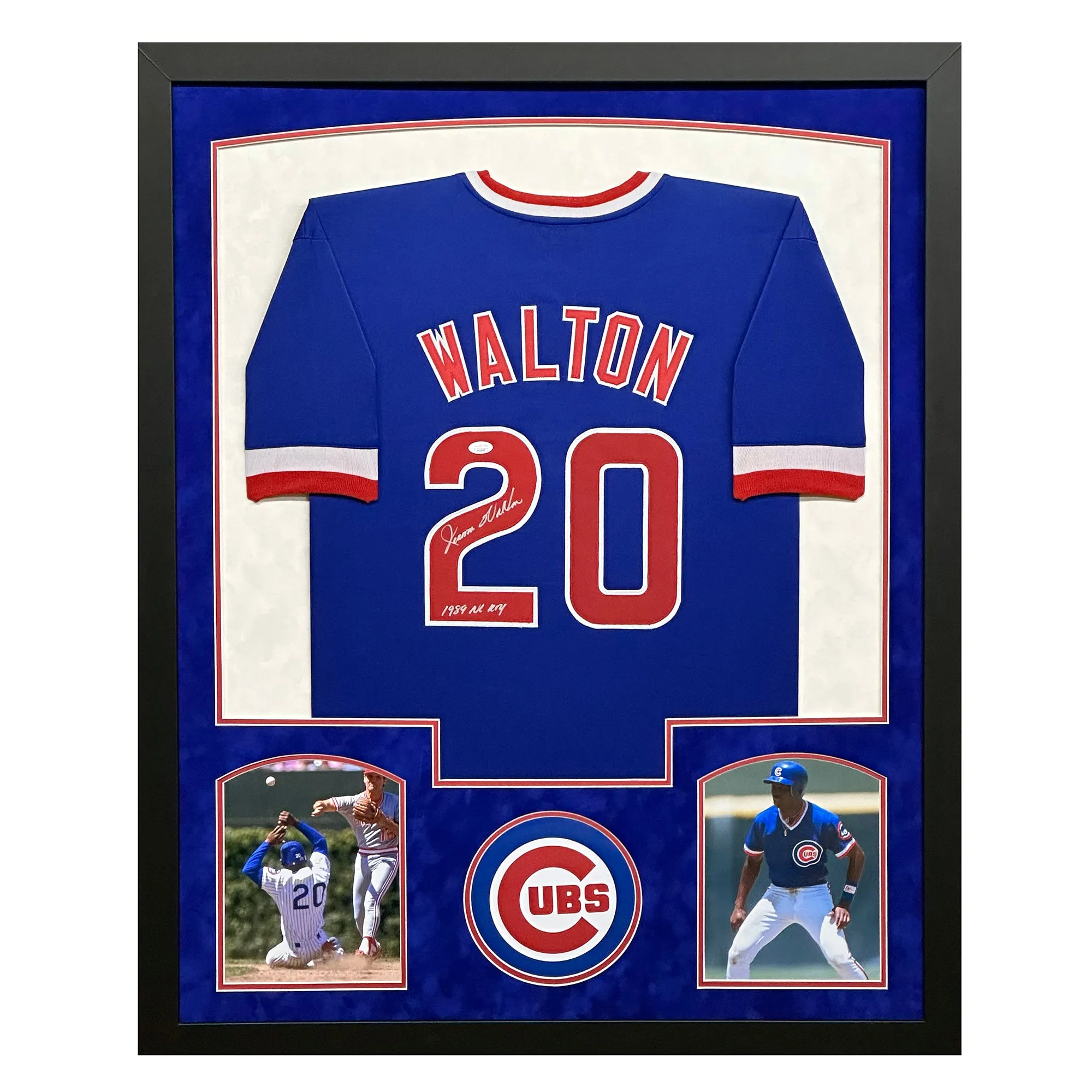 Jerome Walton Signed 1989 NL ROY Chicago Blue Custom Suede Matte Framed Baseball Jersey (JSA)