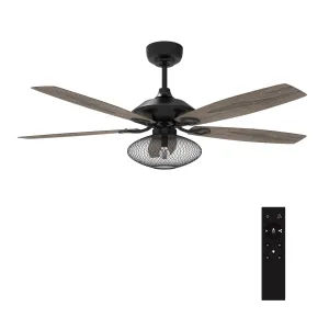 KARSON 52 inch 5-Blade Ceiling Fan with Light & Remote, Vintage Mesh Cage - Black/Wood (Reversible Blades)