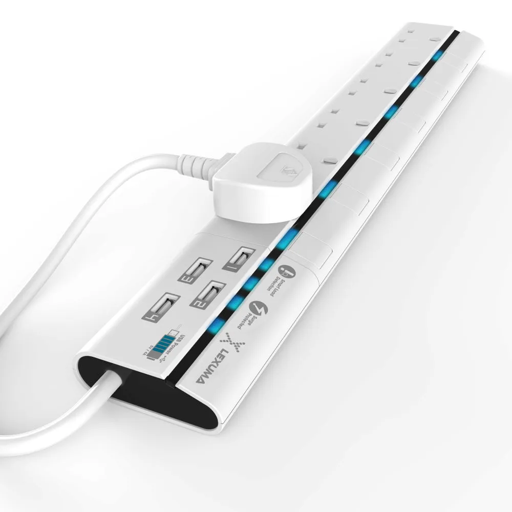 Lexuma XStrip – 6 Gang UK Surge Protector Power Strip with 4 USB Ports