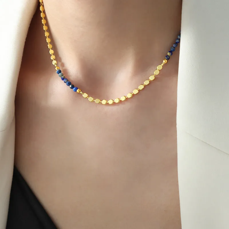 Luxurious Handcrafted Blue Beaded Stone Necklace with Titanium Gold Plating