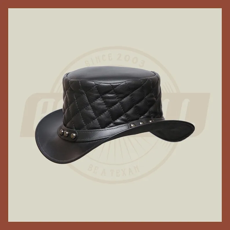 Men’s Leather Steampunk Plain Motorcycle Side Bead Band Biker Quilted Top Hat- Black Leather Hat, Leather Top Hat