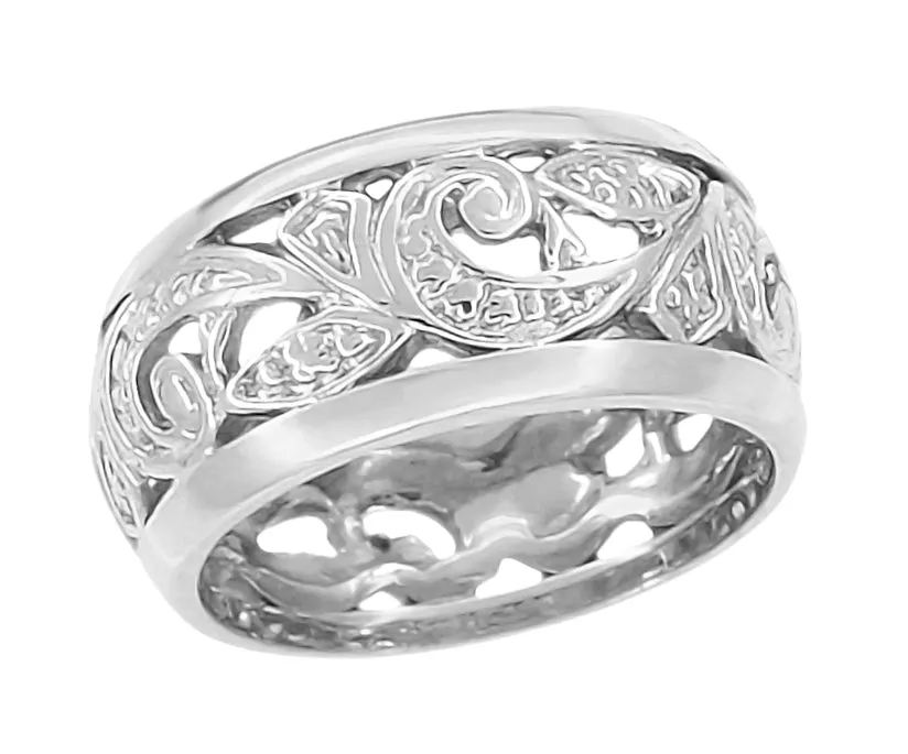 Mid Century Modern Retro Platinum Scrolls and Leaves Filigree Wedding Ring