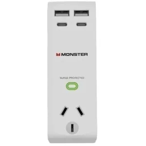 Monster Single Socket Surge Protector with USB-C & USB-A Ports White