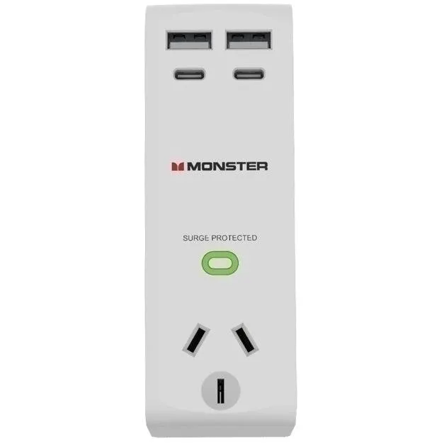 Monster Single Socket Surge Protector with USB-C & USB-A Ports White