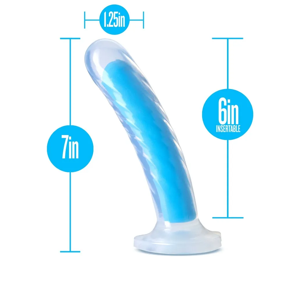 Neo Elite By Blush® | Tao Glow In The Dark Neon Blue: 7-Inch Long Dildo - Made with Purio™ Silicone & SensaFeel® Dual Density Realistic Technology