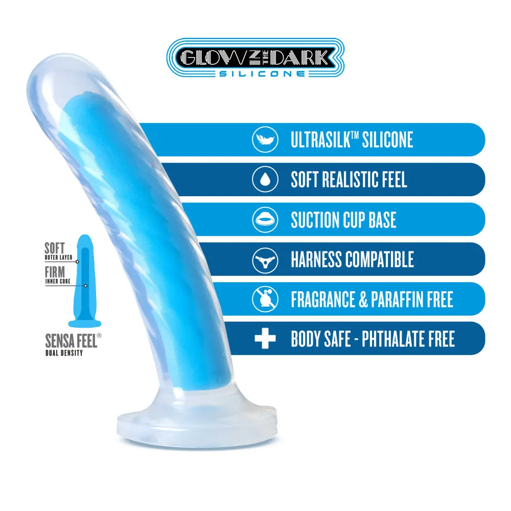 Neo Elite By Blush® | Tao Glow In The Dark Neon Blue: 7-Inch Long Dildo - Made with Purio™ Silicone & SensaFeel® Dual Density Realistic Technology