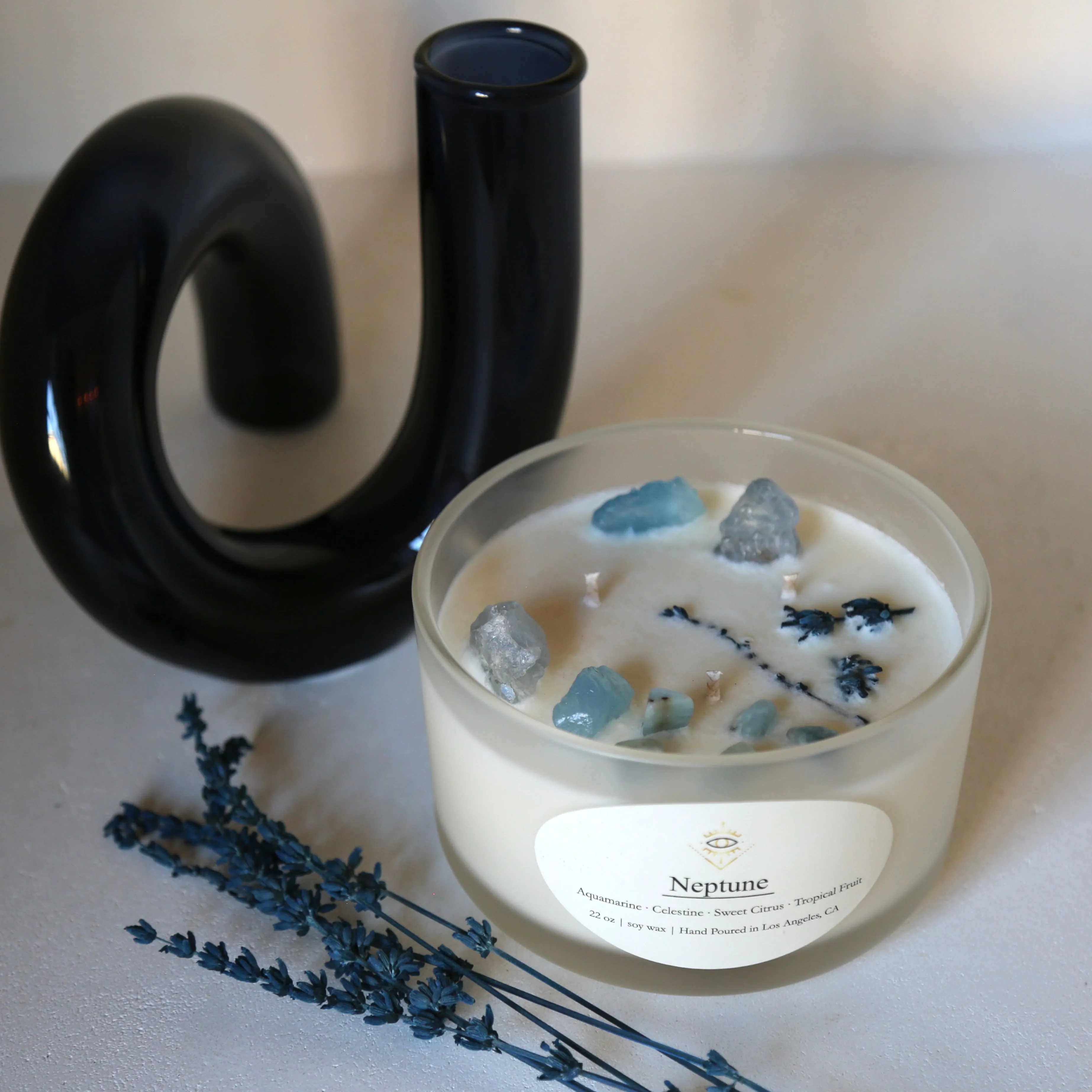 Neptune Intention Candle: Aquamarine   Celestine Crystals