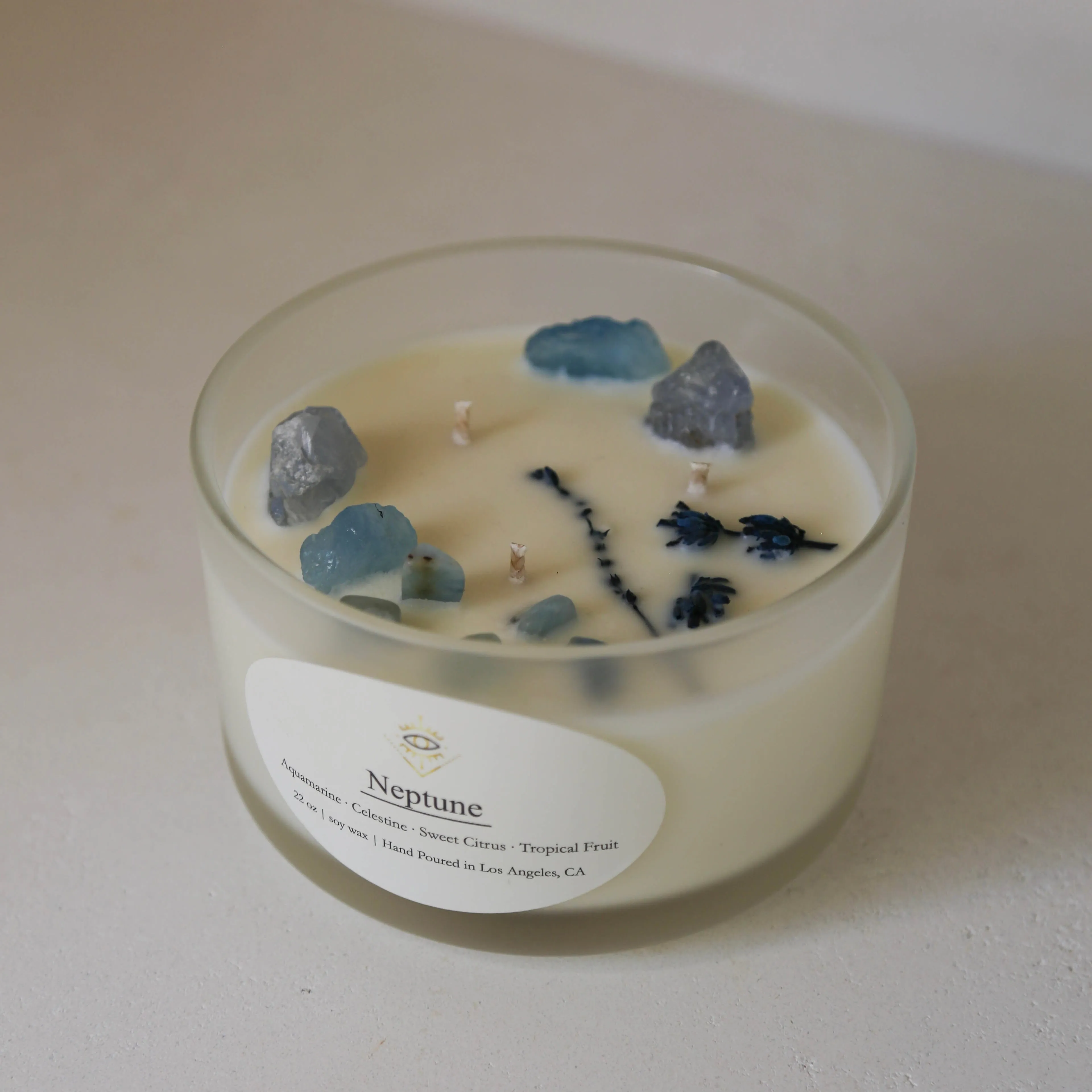 Neptune Intention Candle: Aquamarine   Celestine Crystals