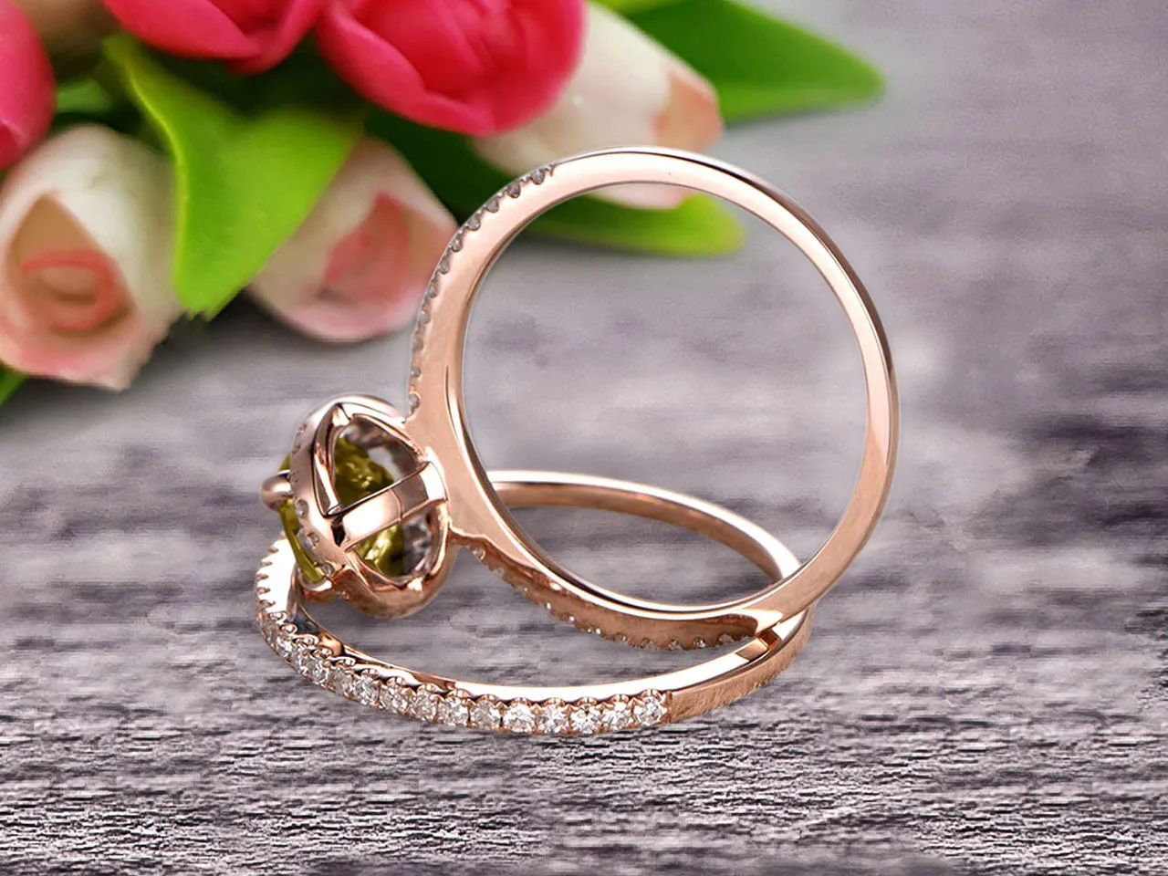 Oval Cut 1.75 Carat Champagne Diamond Moissanite Bridal Ring Set Engagement Ring On 10k Rose Gold Stacking Matching Wedding Band