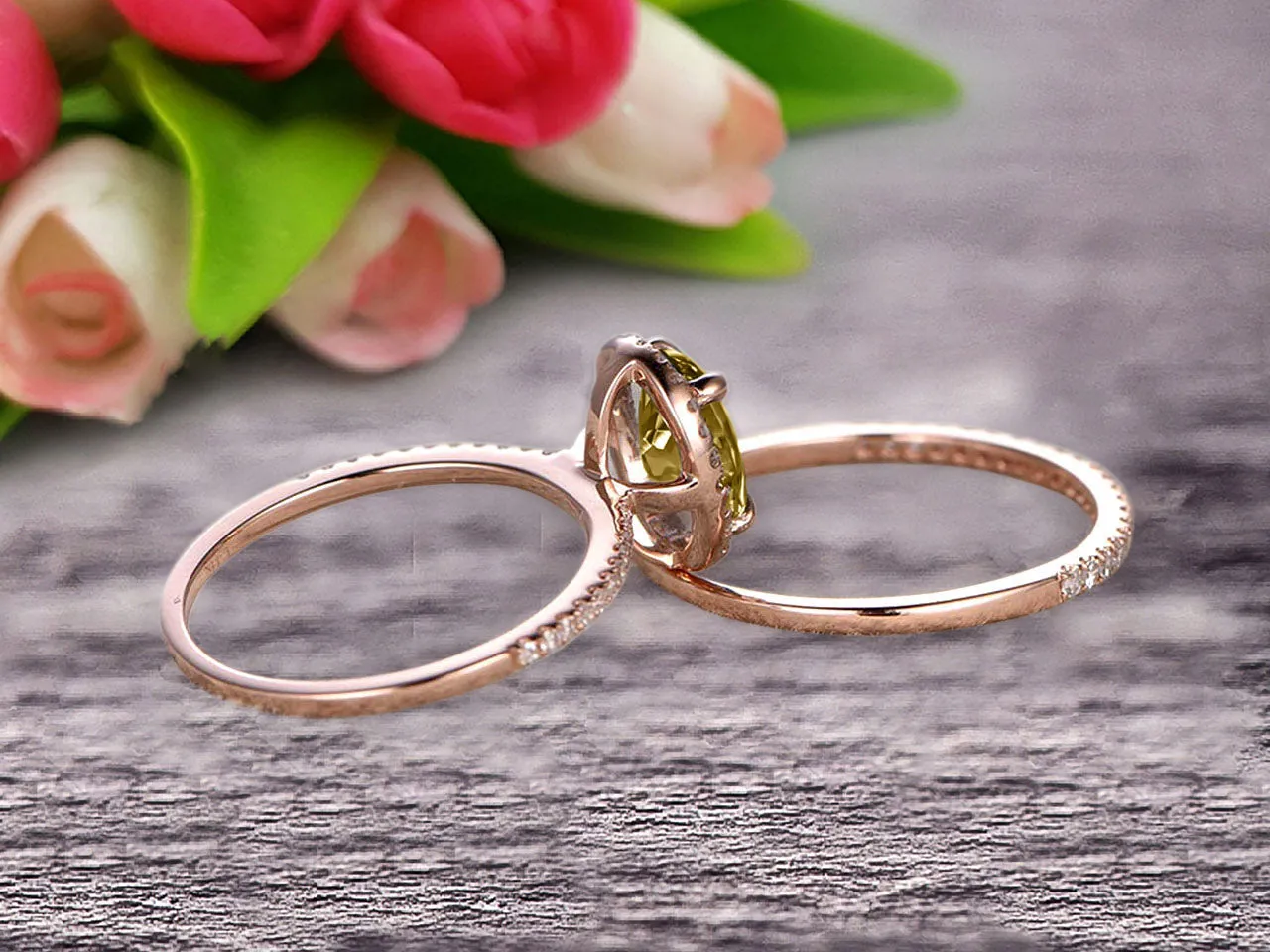 Oval Cut 1.75 Carat Champagne Diamond Moissanite Bridal Ring Set Engagement Ring On 10k Rose Gold Stacking Matching Wedding Band