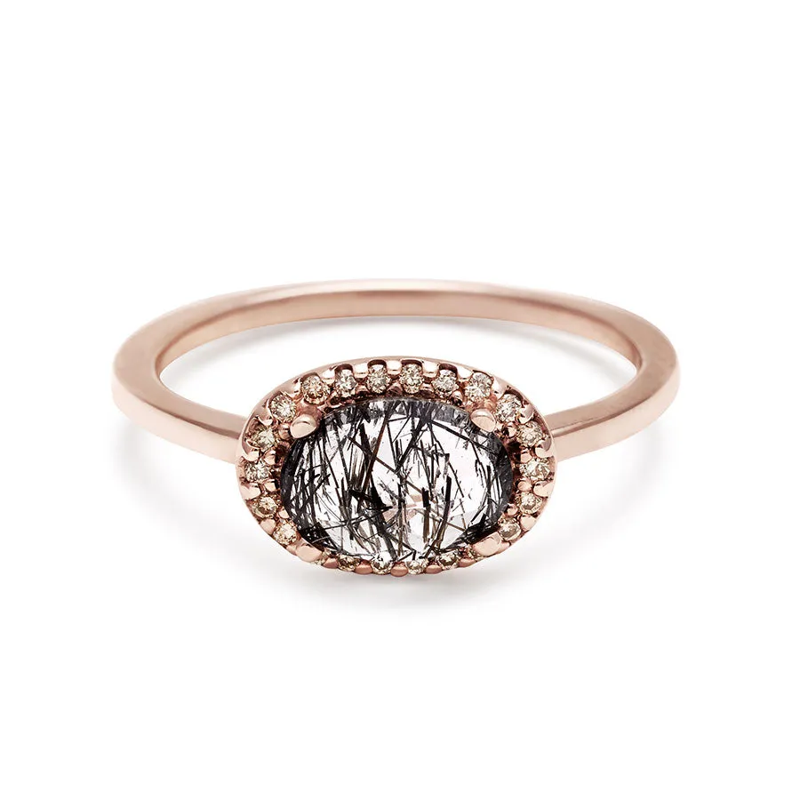 Pavé Amulet Ring - 14k Gold, Black Rutilated Quartz & Champagne Diamond