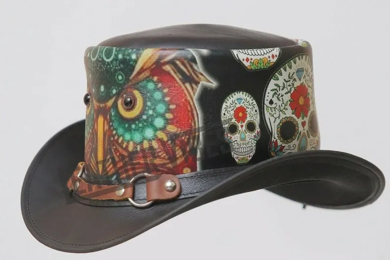 Steampunk Owl Crazy Skull Ring Band Leather Top Hat Wisdom