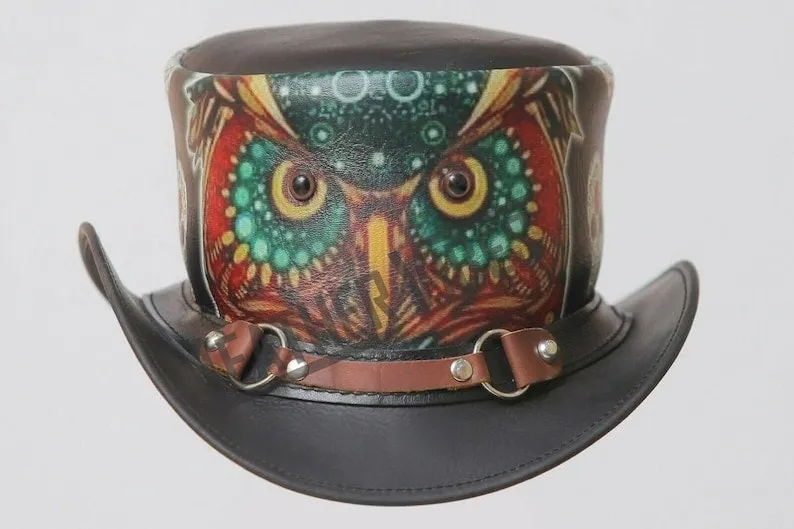 Steampunk Owl Crazy Skull Ring Band Leather Top Hat Wisdom