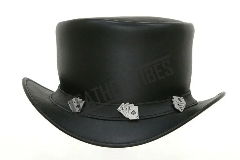 Top Hat-Playing Cards Leather hat,Leather Top Hat, Gothic Top Hat, Mens Top Hat, Steampunk Top Hat, Custom Top Hat