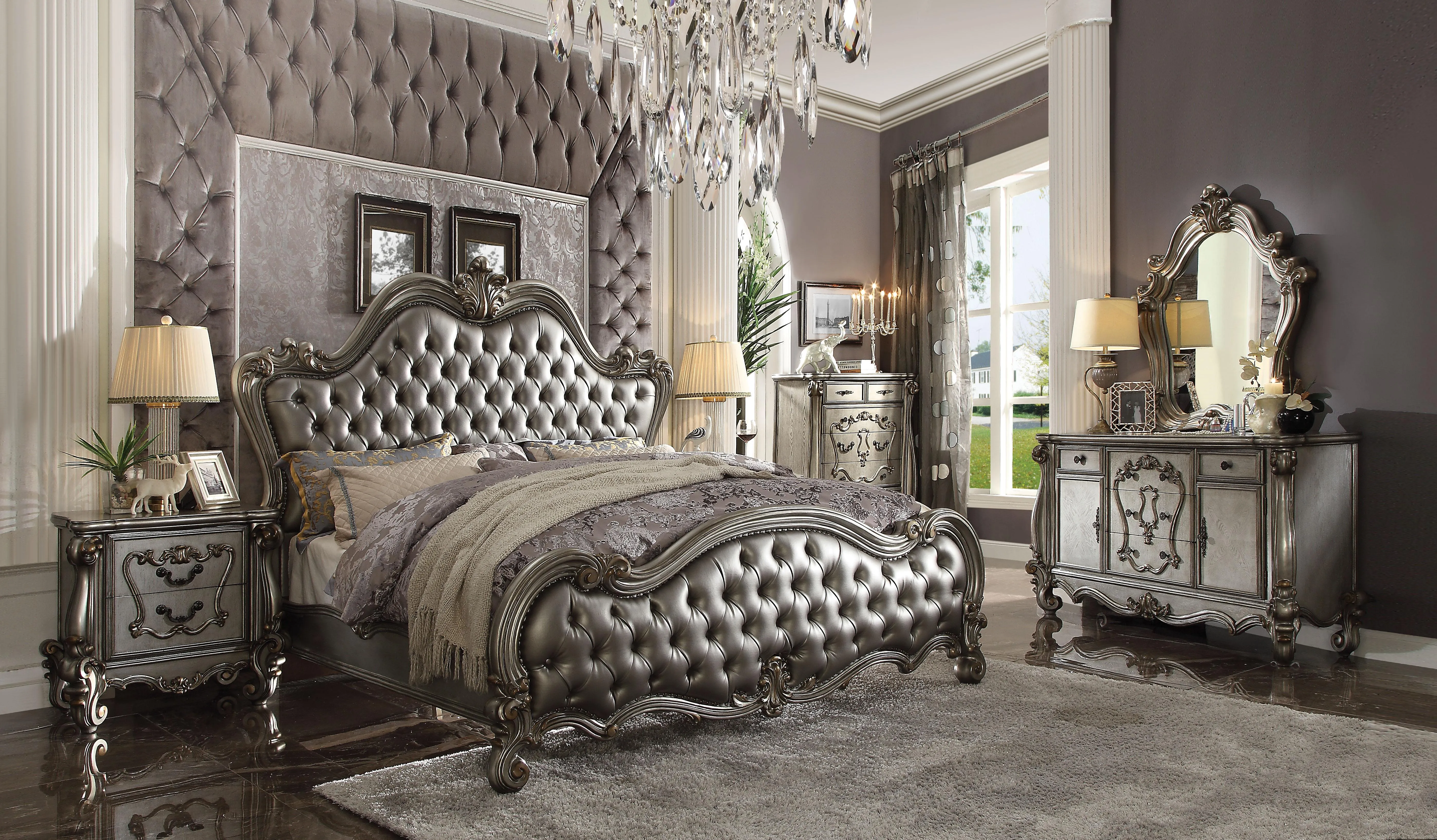 Versailles II Silver PU & Antique Platinum California King Bed