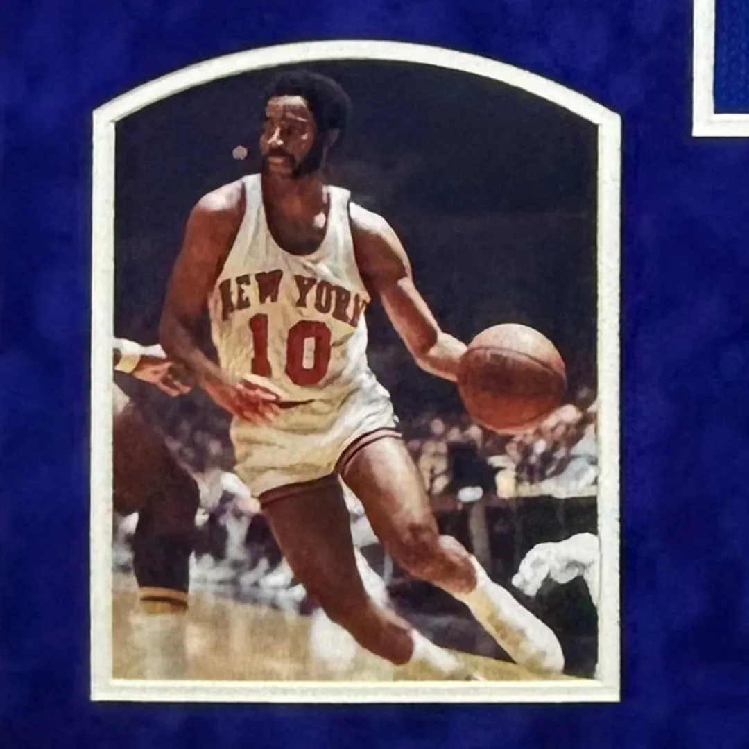 Walt Frazier Signed New York Blue Custom Suede Matte Framed Basketball Jersey (JSA)