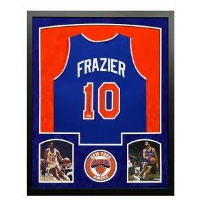 Walt Frazier Signed New York Blue Custom Suede Matte Framed Basketball Jersey (JSA)